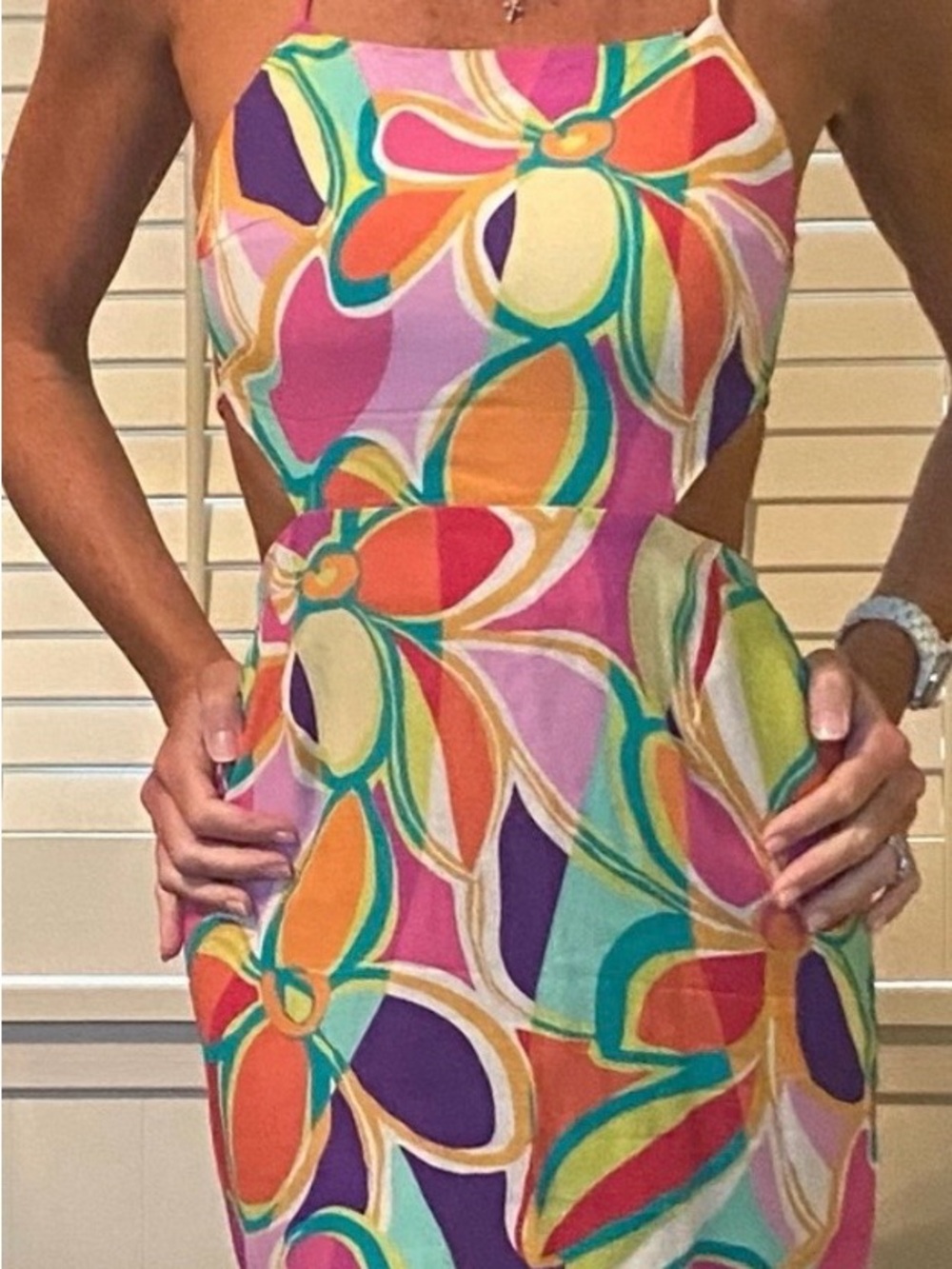 Colorful Floral Cutout Mini Dress - Women
